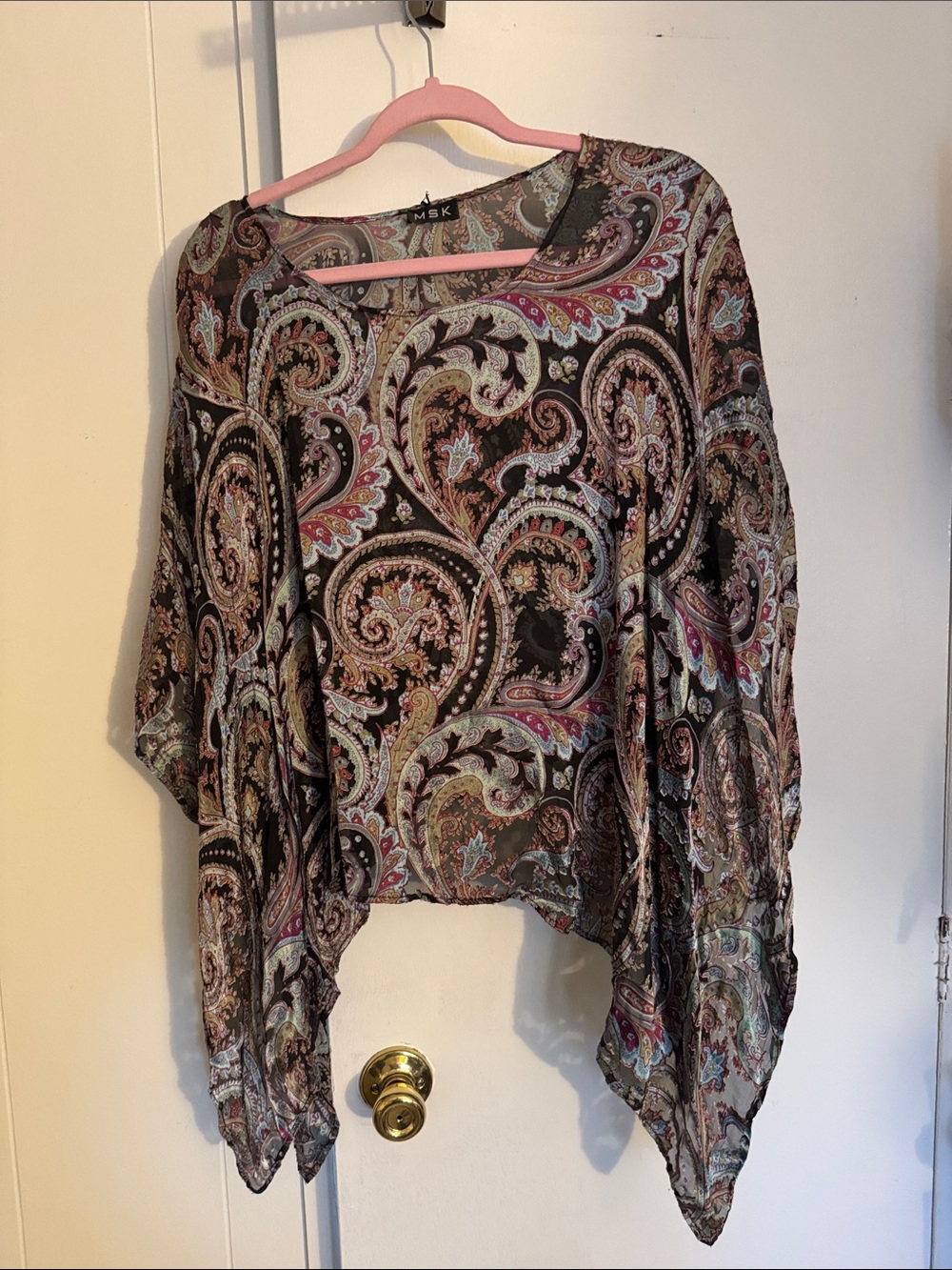 MSK Sheer Paisley Tunic Top in Black and Multi-Color